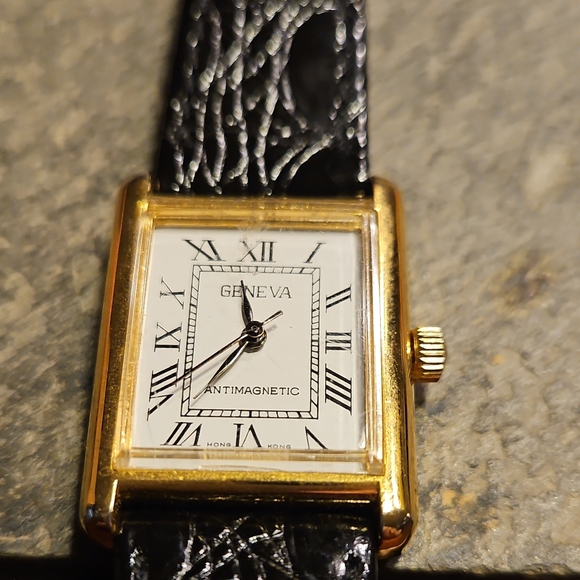 Geneva Gold-Tone Men’s Rectangle Dress Watch - Black Strap